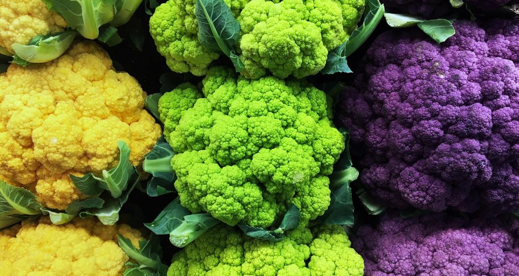 yellow, green, and purple cauliflower