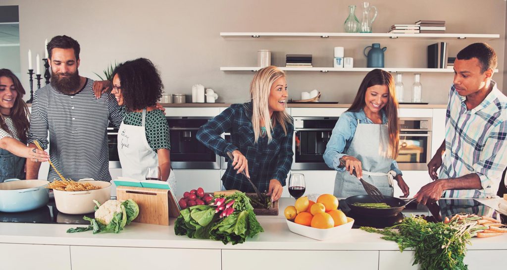group cooking healthy food