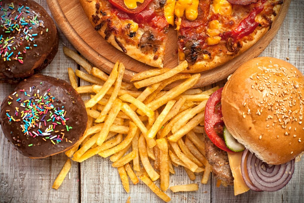 Fast food spread out on a table