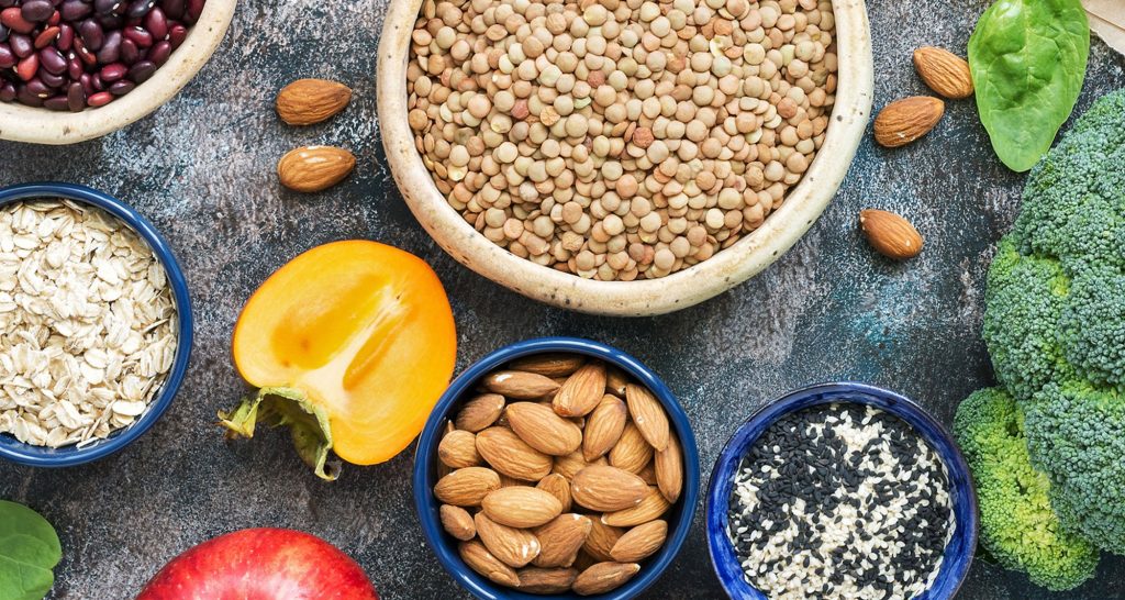 display of variety of nuts and veggies